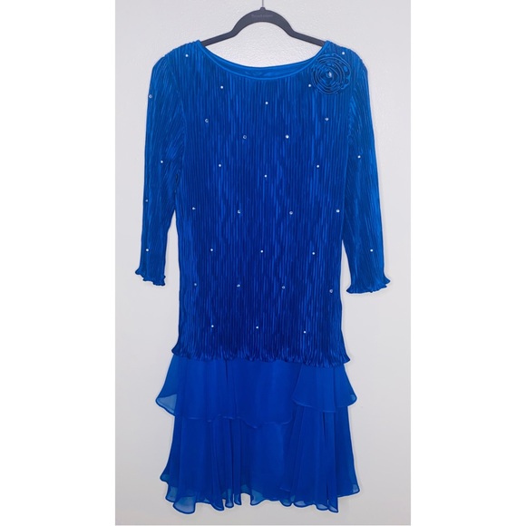 80s Drop Waist Formal Chiffon Dress Royal Blue Micro Pleat Midi Ruffle - Picture 10 of 11